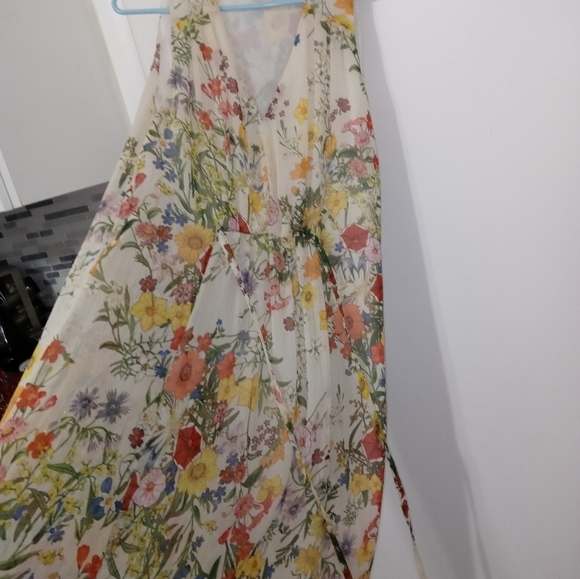 Zara Basic Sleeveless Floral Sheer Lined Midi Dress V neck Gold Shimmer Streaks - Picture 2 of 11